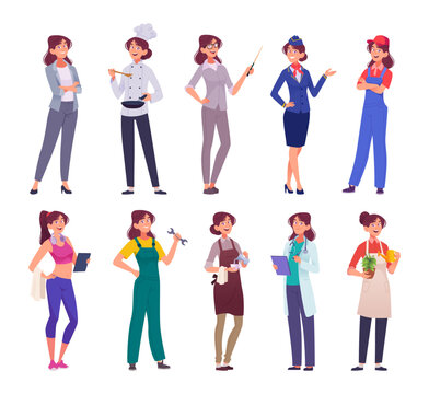 Cartoon female characters set with diverse of professions occupation