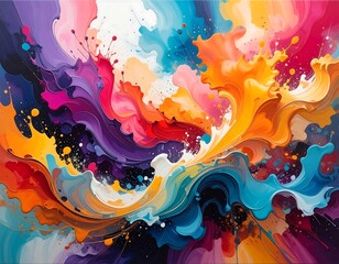 Vibrant abstract art, a cascade of colorful, dynamic paint splashes