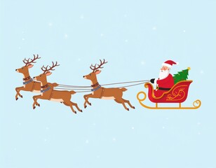 Fototapeta premium Santa Claus rides a sleigh pulled by three reindeer, delivering gifts with a Christmas tree, against a light blue snowy background.