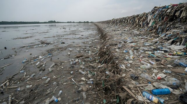 Plastic waste pollutes a beach creating an environmental disaster and harming wildlife