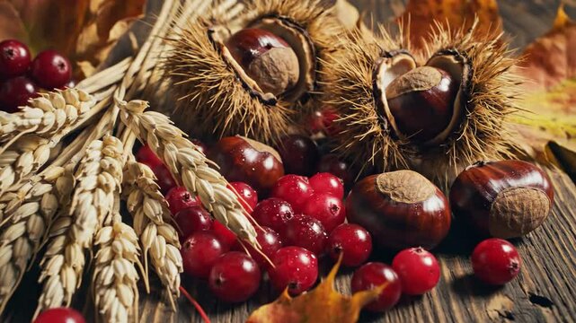 Rustic Autumn Still Life with Chestnuts and Cranberries - A close-up flat lay showcases the beauty of autumn with wheat stalks, bright red cranberries, and spiky chestnuts nestled on a rustic wooden