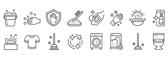 Keep your space sparkling clean with these essential cleaning icons, perfect for showcasing hygiene, household chores, and sanitation services promoting healthy and pristine environments today