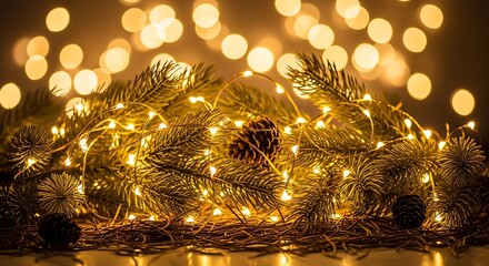 Close up of pine branches with warm glowing christmas lights and pinecones