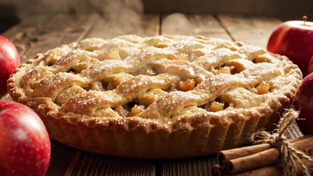 Fresh Apple Pie with Cinnamon - A freshly baked apple pie with a lattice crust sits on a rustic wooden table.
