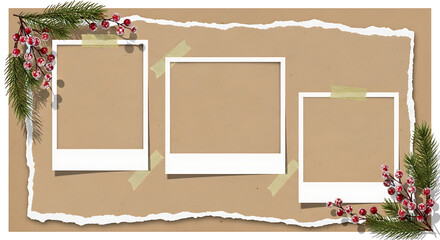 Christmas photo frame with festive decorations and blank spaces.