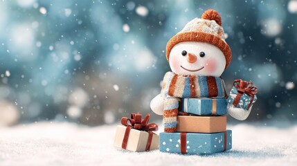 Cute snowman with gifts for happy Christmas and New Year festival wallpaper
