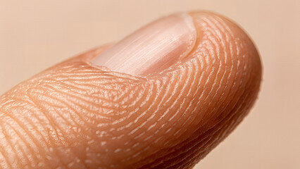 Fototapeta premium Close Up of Human Finger Tip Showing Skin Texture and Ridges Unique Biological Pattern on Flesh in Macro Detail Full 200 Characters