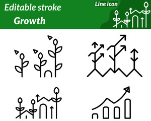 A dynamic growth icon character featuring an upward-rising arrow integrated with a bar chart or plant sprout. symbolizing progress development and positive improvement. Clean modern lines.