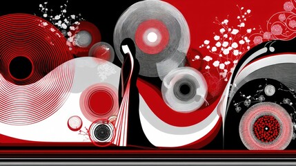 Obraz premium A stylized illustration of a woman in a long, dark traditional dress standing amidst a dynamic composition of abstract circular shapes in red, black, and white,