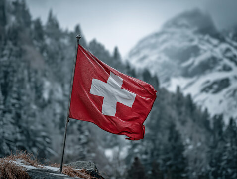 Switzerland flag is waving outside in the mountains, Happy Independence Day