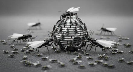Surreal Ant Colony with Wings on Metallic Hive, Black and White