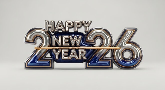 Happy new year 2026 3d render with metallic and blue text on white background - Powered by Adobe