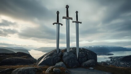 Three swords on a rocky outcrop overlooking a fjord