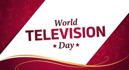 World television day graphic with red background and white angled center and gold accents design element
