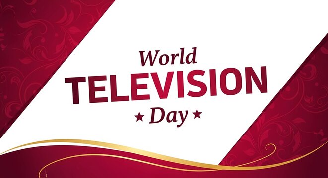 World television day graphic with red background and white angled center and gold accents design element