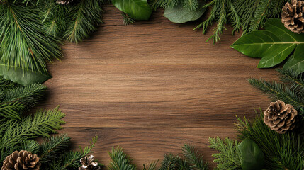 Cozy forest green pine leaf pinecone border on wooden plank background, warm festive mood