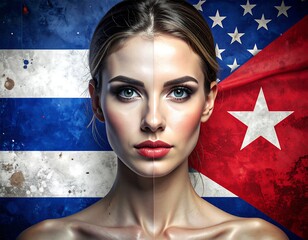Woman faces split between flags of Cuba and the United States