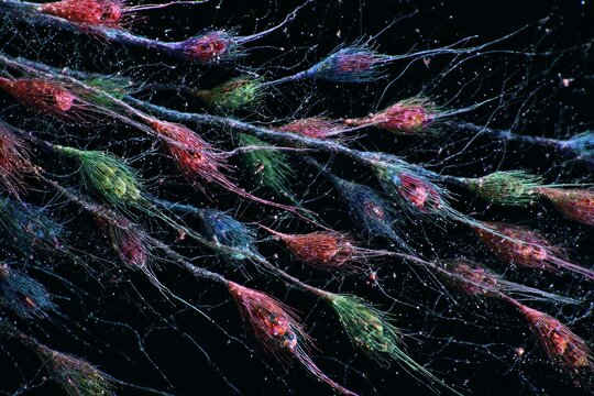 Neuro-Feathers: Neurons as birds with neurotransmitters forming colorful plumage.