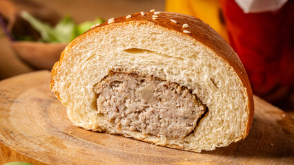Baked meatloaf in soft bread