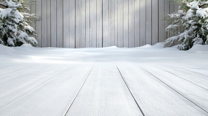 Snowy wooden floor winter backdrop with frosted pine and soft ambient light