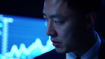 Focused Asian businessman meticulously analyzing complex stock market data on a monitor, applying structured logic for financial strategy
