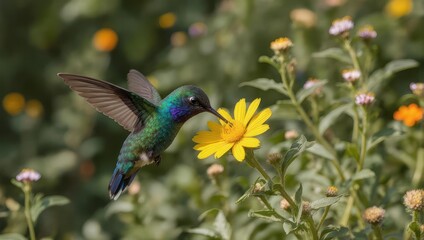 Hummingbird feeding on a bright yellow flower in a vibrant garden.