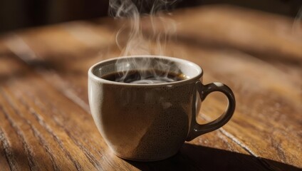 Steaming coffee cup on a wooden table, warm morning beverage.