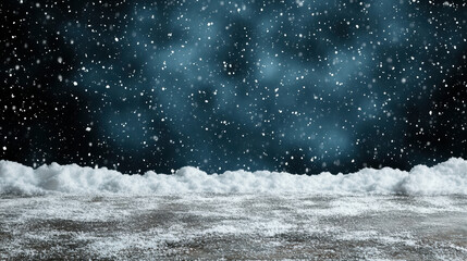 Snowy ground and falling snowflakes under deep blue winter sky evoking calm night