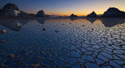 Surreal Landscape: Mirrored Lake Reflecting Mountainous Piles at Dusk