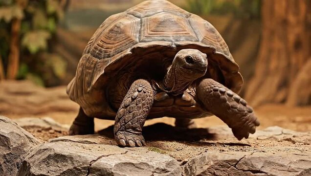 Giant tortoise gracefully walks across rocky terrain with a lush forest in the background, showcasing its ancient shell and weathered skin