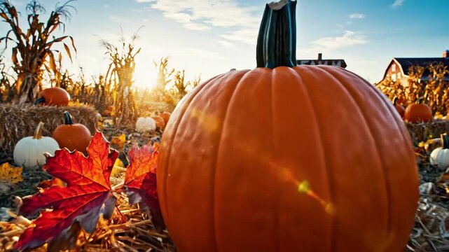 Sunny Autumn Pumpkin Patch - A bright orange pumpkin sits in a field of hay with a red maple leaf beside it on a sunny autumn day.