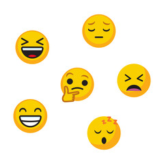 Fototapeta premium Collection of diverse yellow emoji faces expressing different emotions on a white background