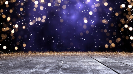 Purple cosmic bokeh gold glitter wooden floor studio backdrop festive lights