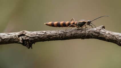 Small striped insect on a twig, close-up view, outdoor setting, natural light, detailed image.