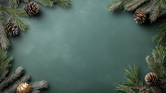 Dark emerald background with frosted pine branches and pinecone holiday calm