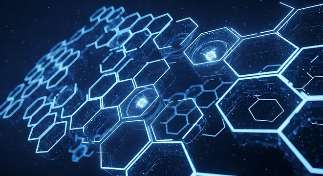 Abstract futuristic hexagonal technology design with glowing blue light