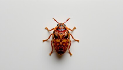 A small beetle with orange body and antennae standing against a white background.