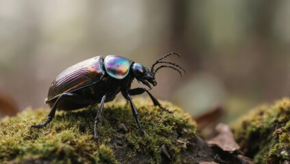 Iridescent Beetle Perched on Mossy Surface in Natural Habitat.