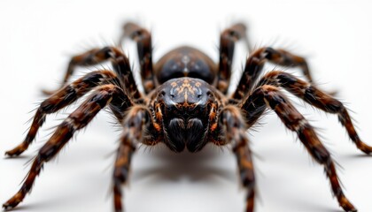 A large, intricately detailed spider. It has eight legs and numerous small hairs covering its body. The spider's coloration features black, orange, and brown markings
