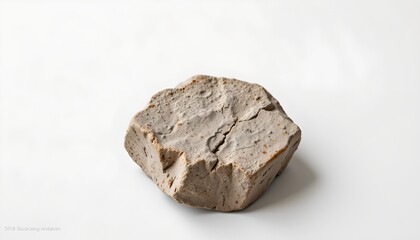 A close up photograph of a small stone with cracks on its surface, set against a neutral background.