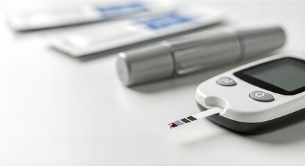Blood glucose meter with test strip inserted, surrounded by medical supplies, illustrating diabetes management and health monitoring in a clinical setting
