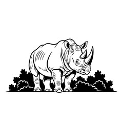 Obraz premium A black-and-white illustration of a rhinoceros standing among bushes.