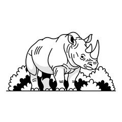 Monoline rhinoceros standing amongst stylized bushes. Black and white vector illustration with shading.