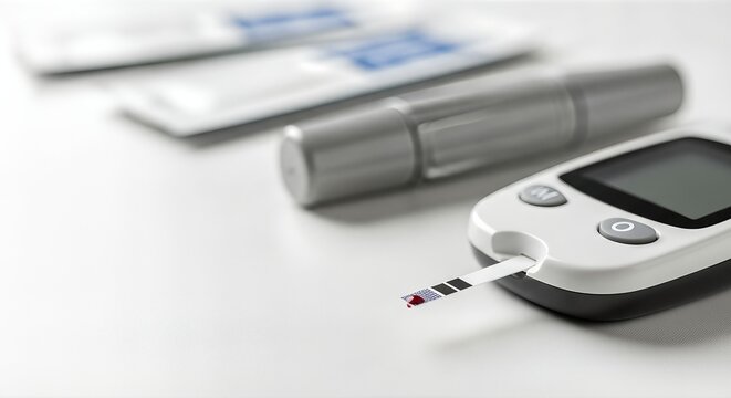 Blood glucose meter with test strip inserted, surrounded by medical supplies, illustrating diabetes management and health monitoring in a clinical setting