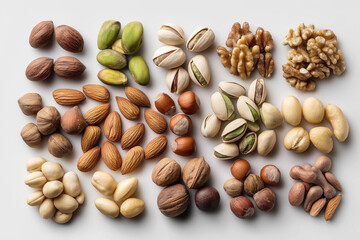 A comprehensive collection of various nuts and seeds including almonds, cashews, walnuts, peanuts, pistachios, pumpkin seeds, and sunflower seeds arranged in organized groups against a white backgroun