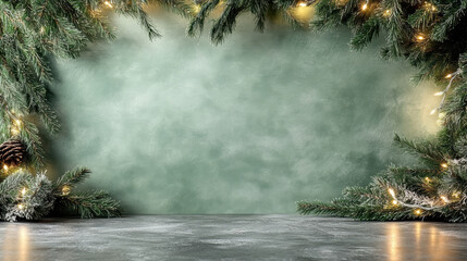 Festive evergreen garland with warm lights and frosted pinecones framing empty textured backdrop