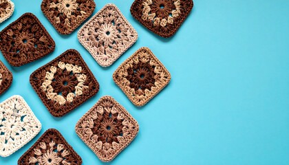 Colorful Crochet Granny Squares on Blue Background with Copy Space.