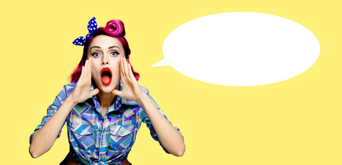 Wow. Face portrait impressed shock shout beautiful cute woman wide open mouth, eyes, isolated...