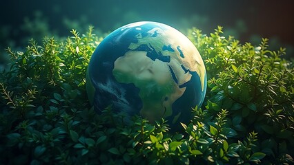 Earth globe enveloped by vibrant greenery under a glowing atmospheric light.