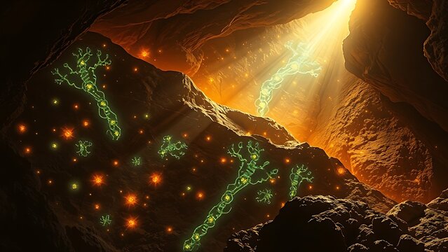 Fossilized microbial patterns glow in ancient rock, lit by primal sunlight.